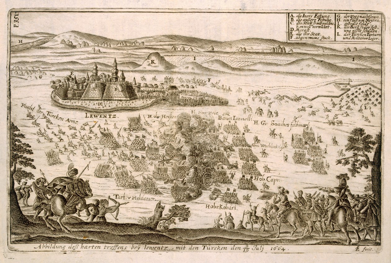 Csata Léva városa közelében 1664-ben, illusztráció az európai oszmán hadjáratokról szóló könyvből, Paul Furst (1605-66 körül) metszetében alkotó: German School