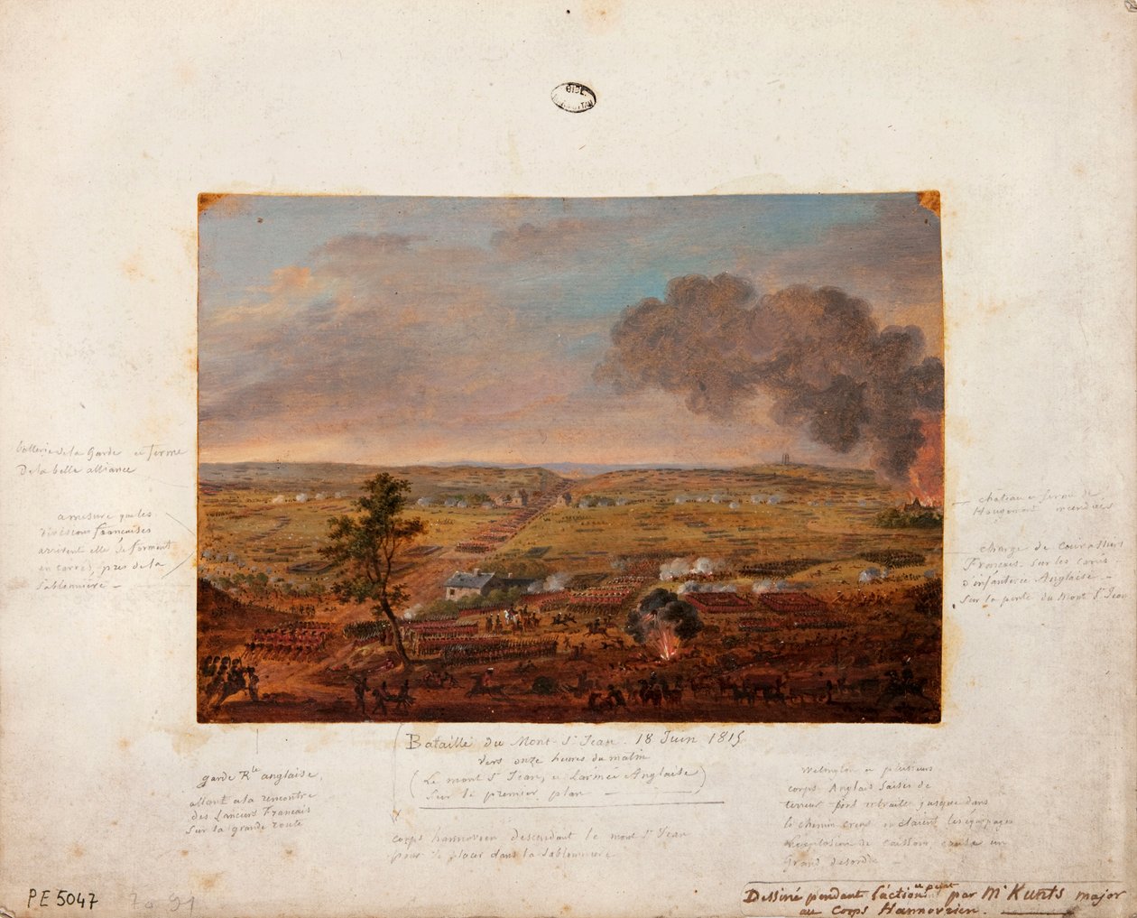 Mont-Saint-Jean-i csata, a hannoveri egység Kunts őrnagya által az akció során rajzolt és festett 1815. június 18-án (ceruza és gouache kartonon) alkotó: German School