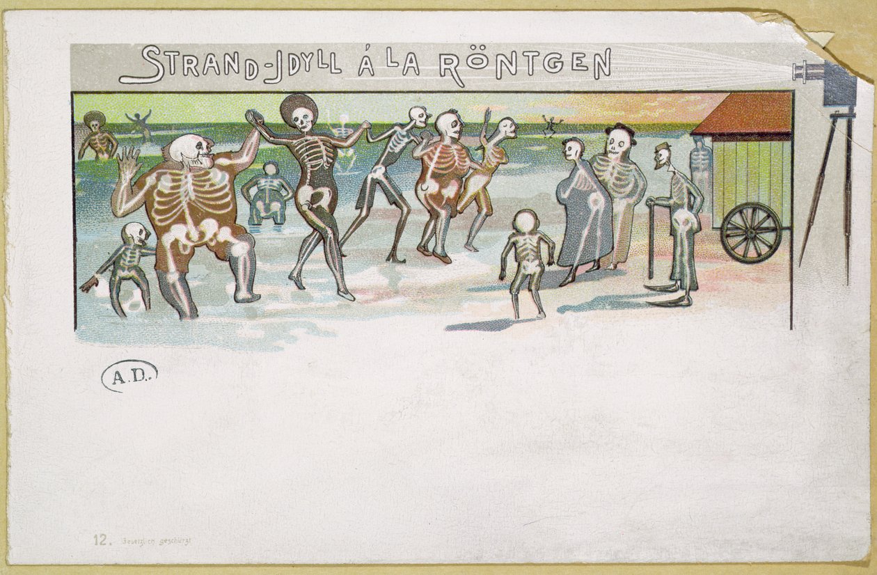 Tengerparti idill Rontgen stílusban, rajzfilm a röntgenről, 1896-99 körül (színes metszet) alkotó: German School