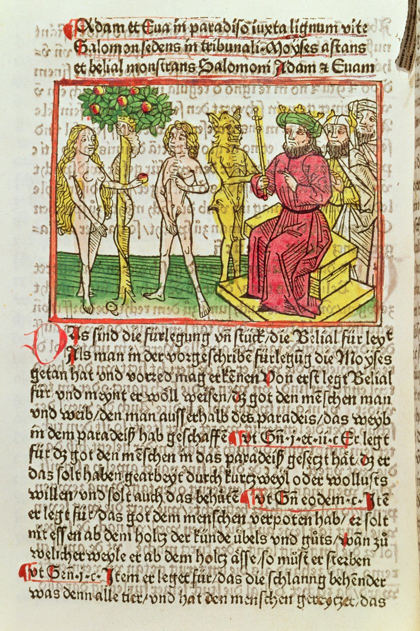 Belial Ádámot és Évát mutatja be Salamonnak, illusztráció a Das Buch Belial német fordításából, 1473 (színes fametszet) alkotó: German School