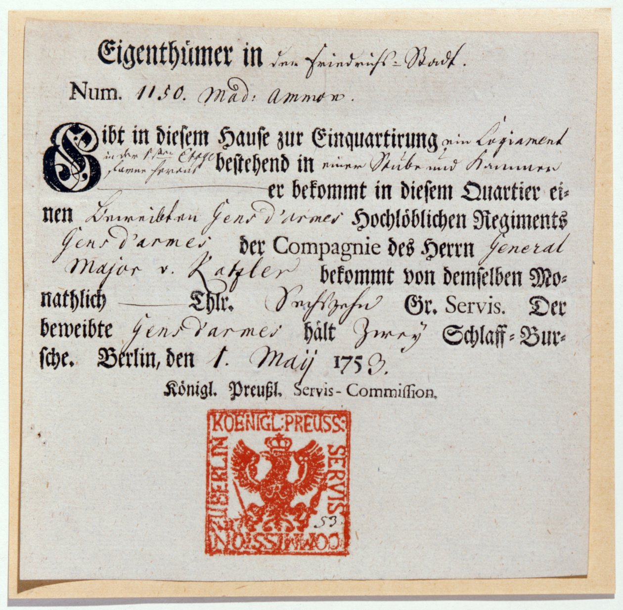 Számlázási utalvány, 1759 (nyomtatás, toll és tinta) alkotó: German School