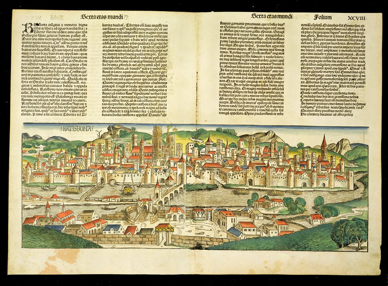 Ratisbon madártávlatból, Hartmann Schedel (1440-1514) nürnbergi krónikájából, 1493 alkotó: German School