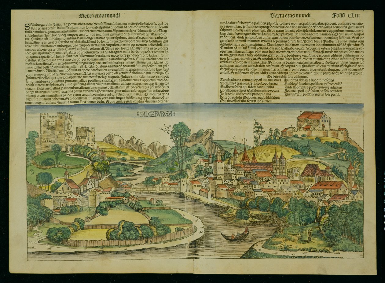 Madártávlat Salzburgra a Nürnbergi Krónikából, Hartmann Schedel (1440-1514) 1493 alkotó: German School