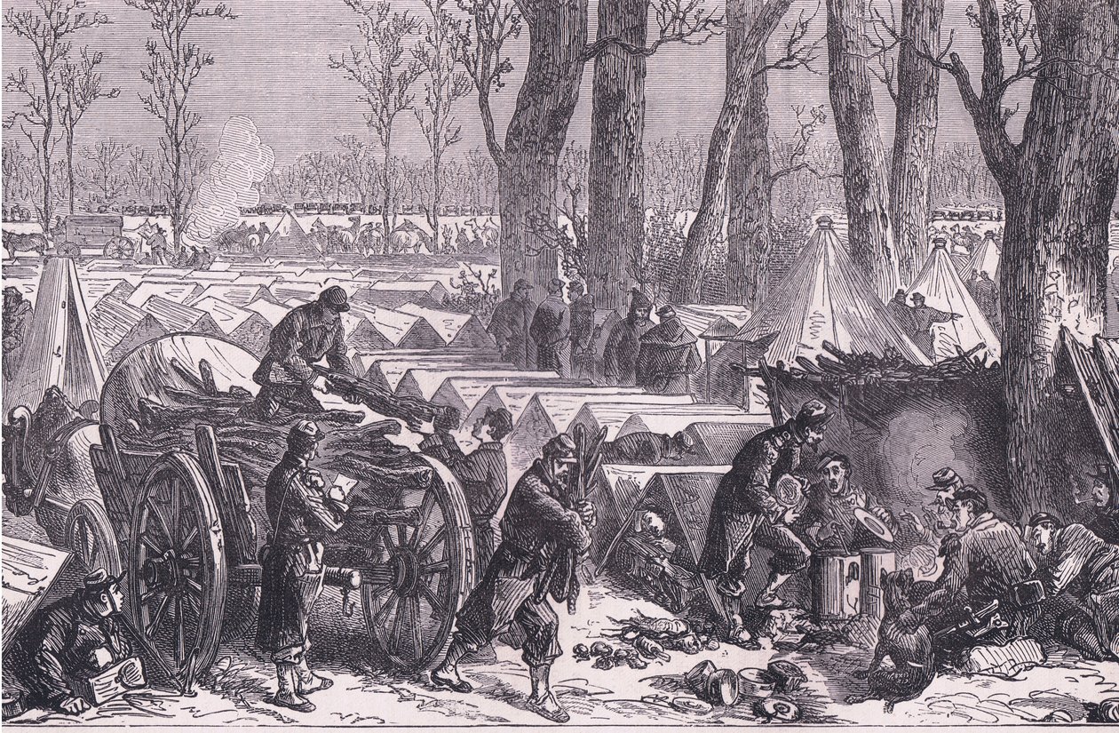Du Croy tábornok csapatainak bivakja a Vincennes-i erdőben, Cassells History of the War Franciaország és Németország között, kiadó: Cassell and Company Limited, 1890 körül (litho) alkotó: German School