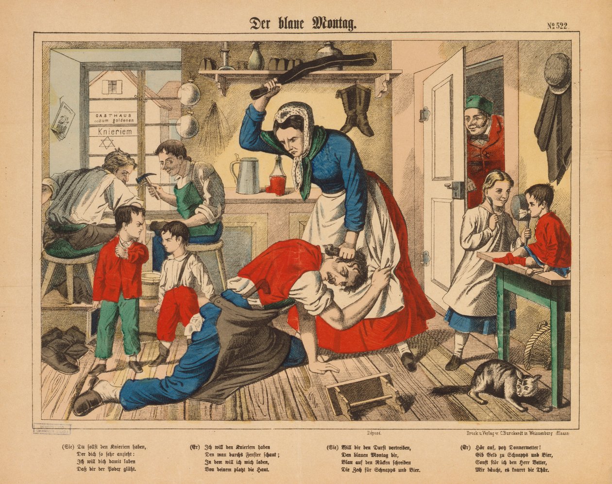 Kék hétfő – egy cipésznő veri a férjét, C. Burckhardt, Weissenburg, 1850 körül. alkotó: German School