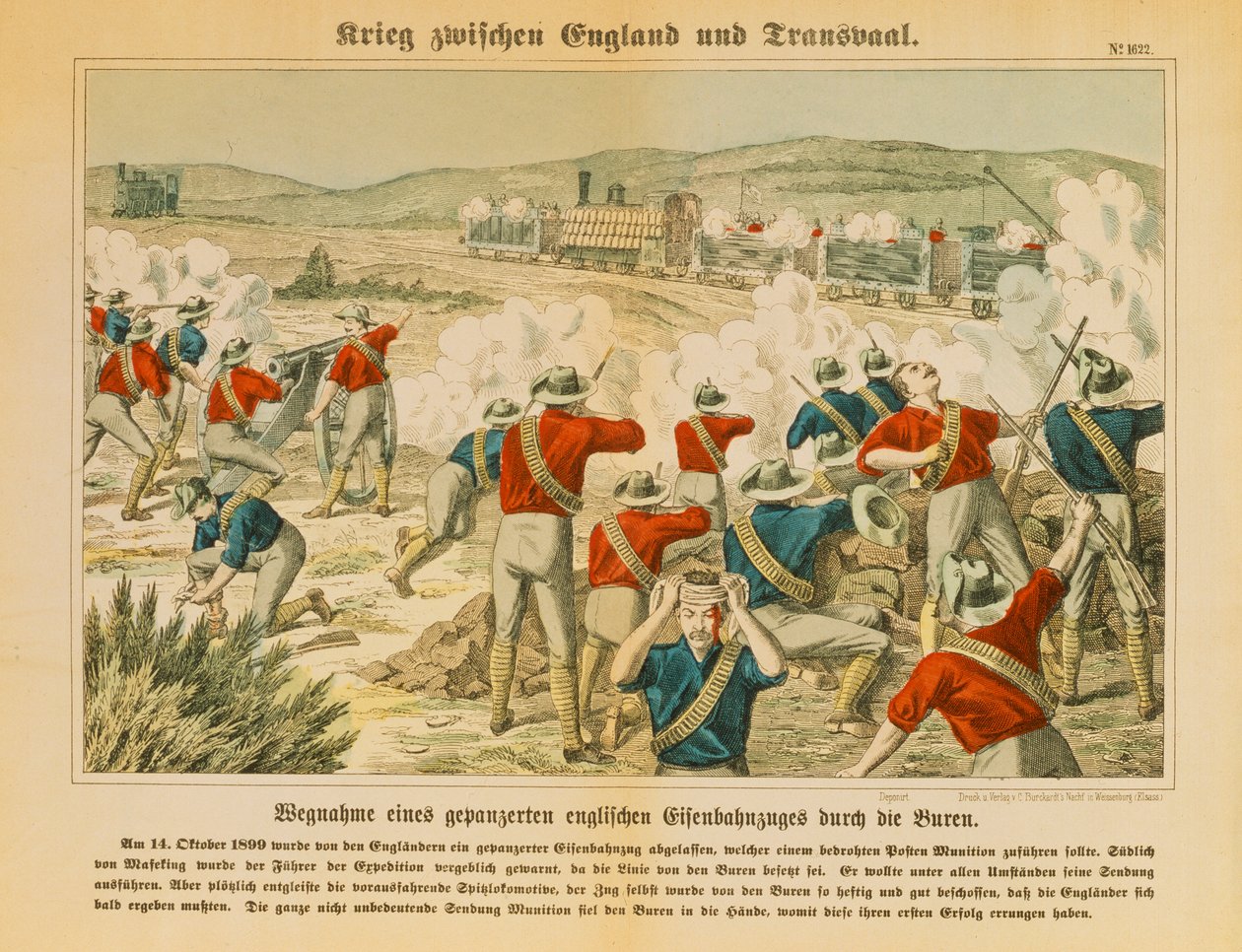 A búrok elfoglalnak egy páncélozott angol vonatot a második búr háború alatt Maseking közelében, 1899. október 14-én, kiadó: C. Burckhardts Nachf, Weissenburg, 1899 alkotó: German School