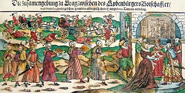 Újságcikk és illusztrációk Mária Krisztina osztrák főhercegnő és Báthory Zsigmond, Siebenbürgen (Erdély) fejedelme követének 1595. márciusi házasságkötéséről és az 1595. augusztusi călugăreni csatáról, 1. sz. 1. sz. alkotó: German School