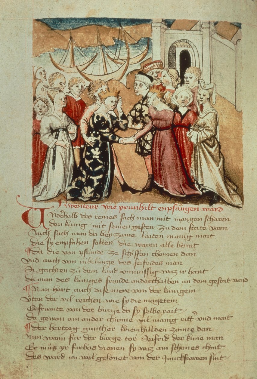 Brunhild belép Wormsba; Kriemhild üdvözölte Brunhildot és Gunthert a „Hundeshagen Nibelungen Codex”-ből (vellum) alkotó: German School
