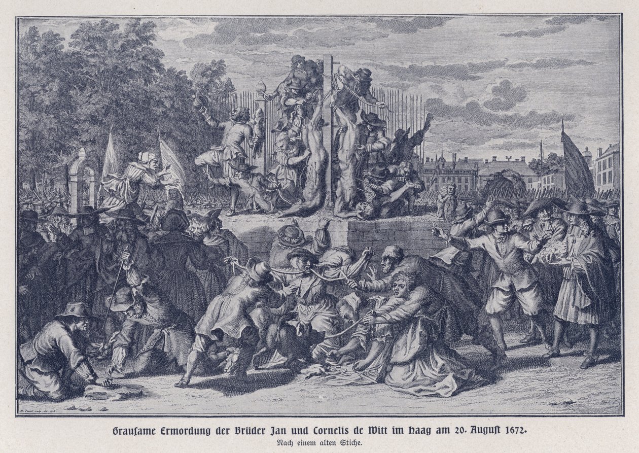 Jan és Cornelis de Witt testvérek brutális meggyilkolása egy orangista csőcselék által, Hága, Hollandia, 1672. augusztus 20. (lithó) alkotó: German School