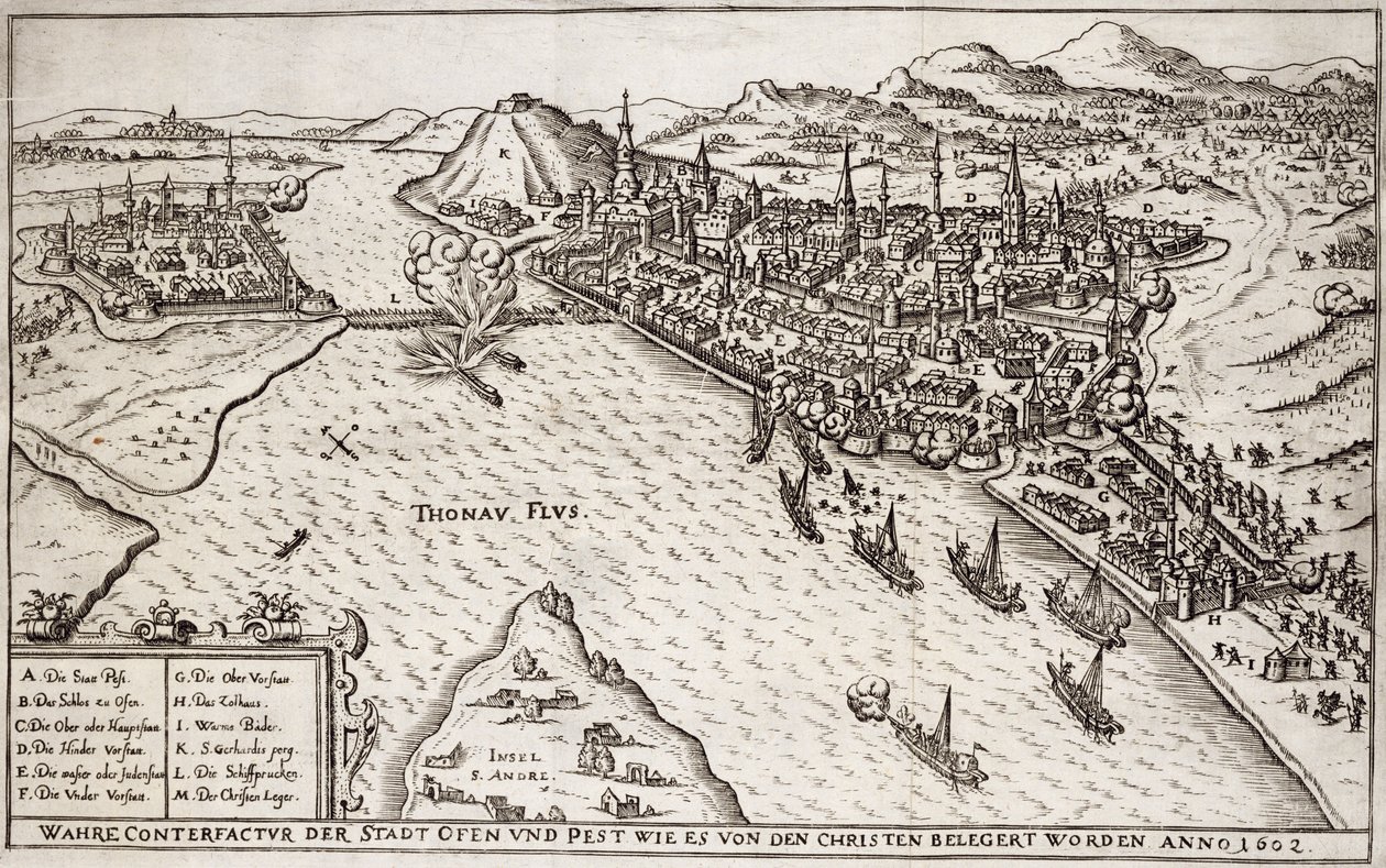 Buda és Pest 1602-ben ostromolták a keresztények, illusztráció az európai oszmán hadjáratokról szóló könyvből, Furst Pál (kb. 1605-66) metszete alkotó: German School