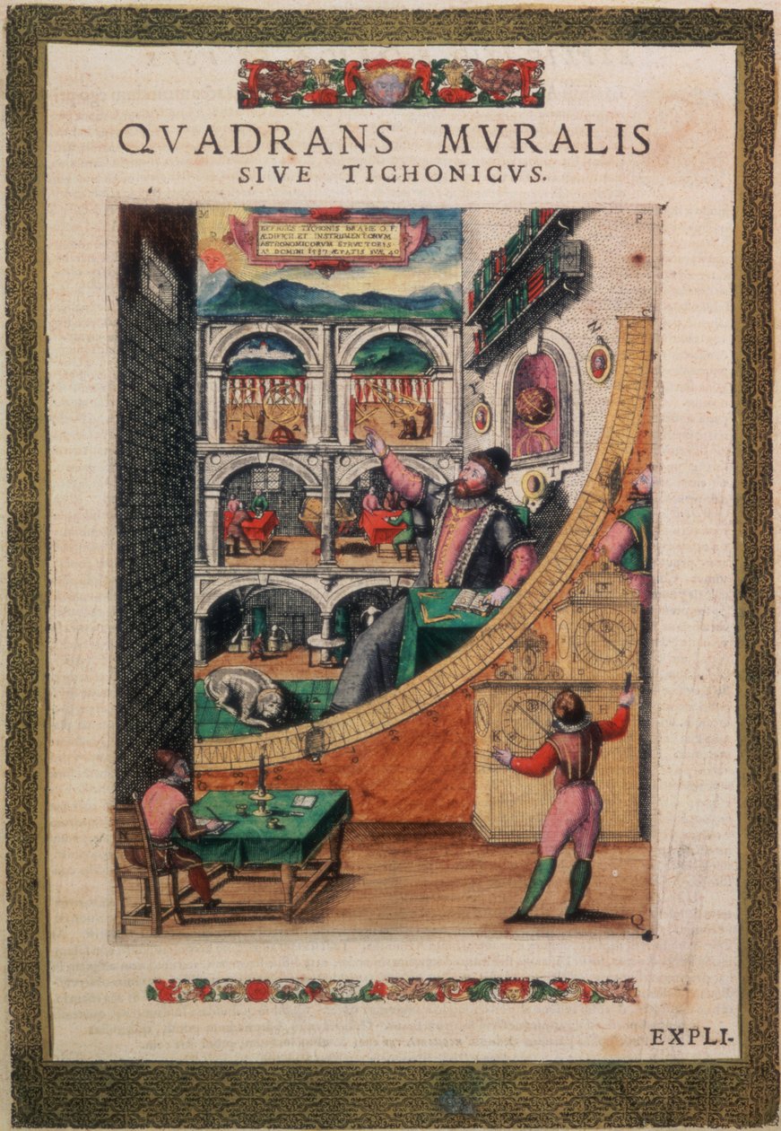 C.45.h.3 Tycho Brahe csillagász, 40 éves, 1587-ben csillagászati műszerei között, a "Tychonis Brahe, Astronomi Instaurat Mechanica"-ból alkotó: German School