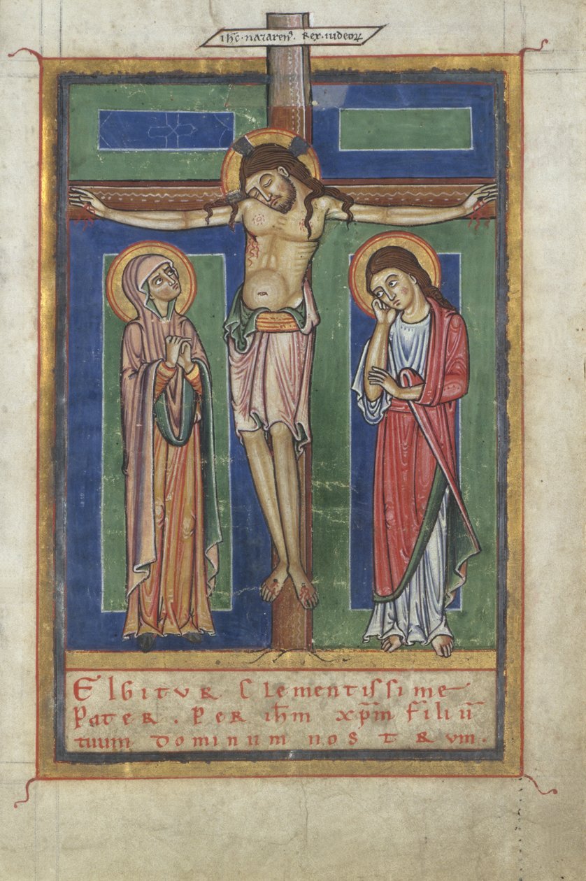 Kánon oldal egy szentségi templomból, a keresztre feszítéssel, c. 1150-1160 (tempera és aranylevél pergamenen) alkotó: German School