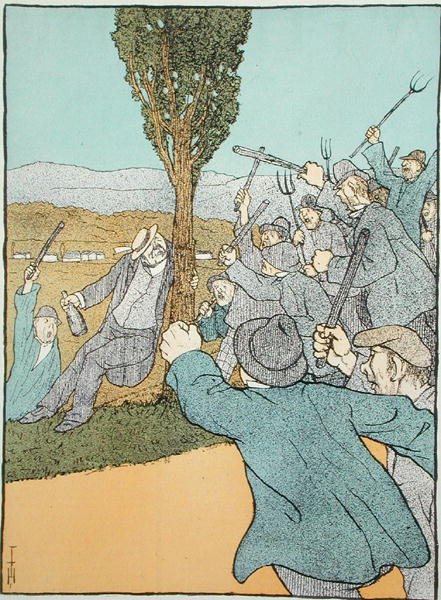 Clemenceau-t és a lázadó bortermelőket ábrázoló karikatúra a Simplicissimus magazinból, 1907. július (színes litó) alkotó: German School