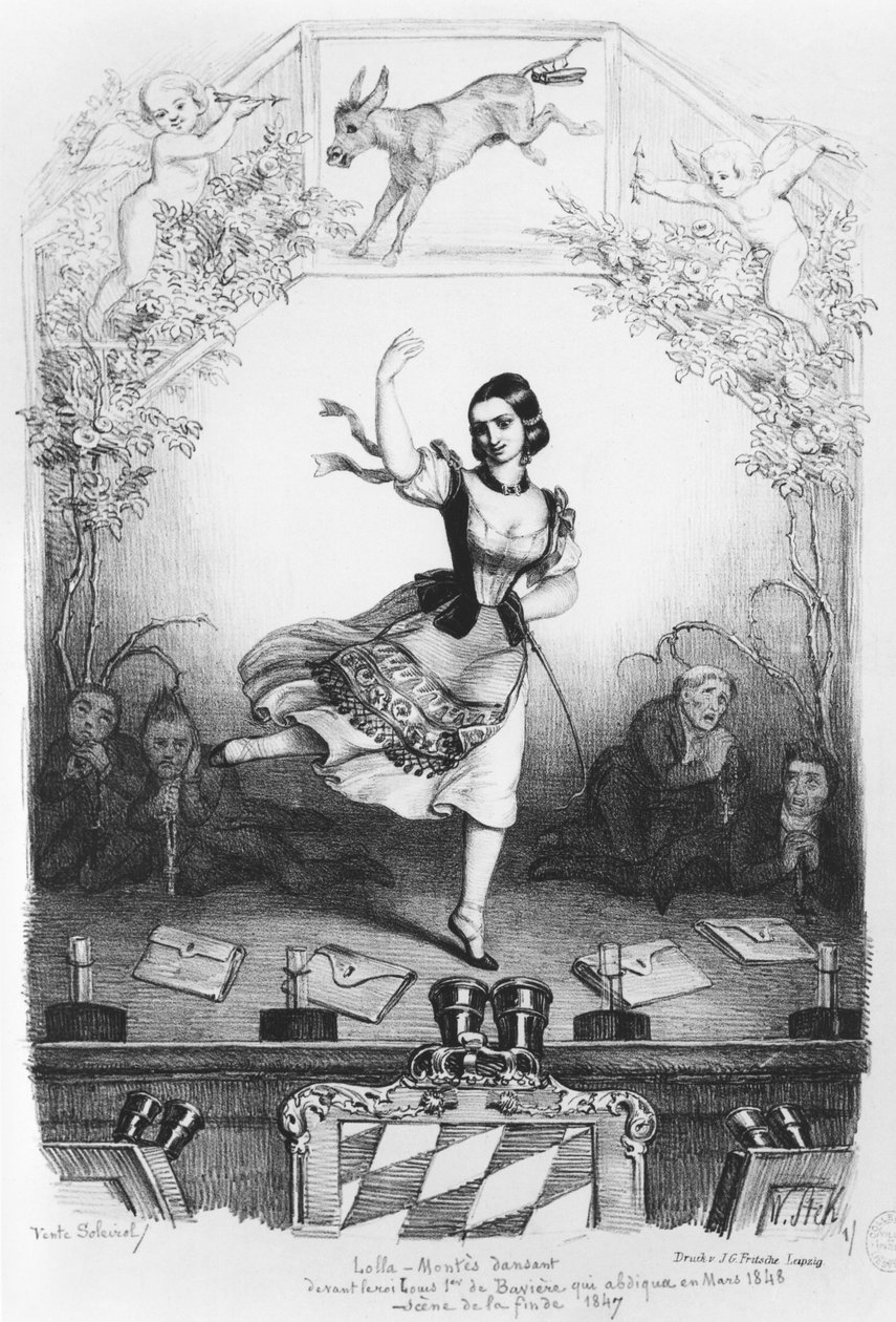 Lola Montes (1821-61) karikatúrája I. Ludwig bajor király (1786-1868) előtt táncoló 1847 körül. alkotó: German School
