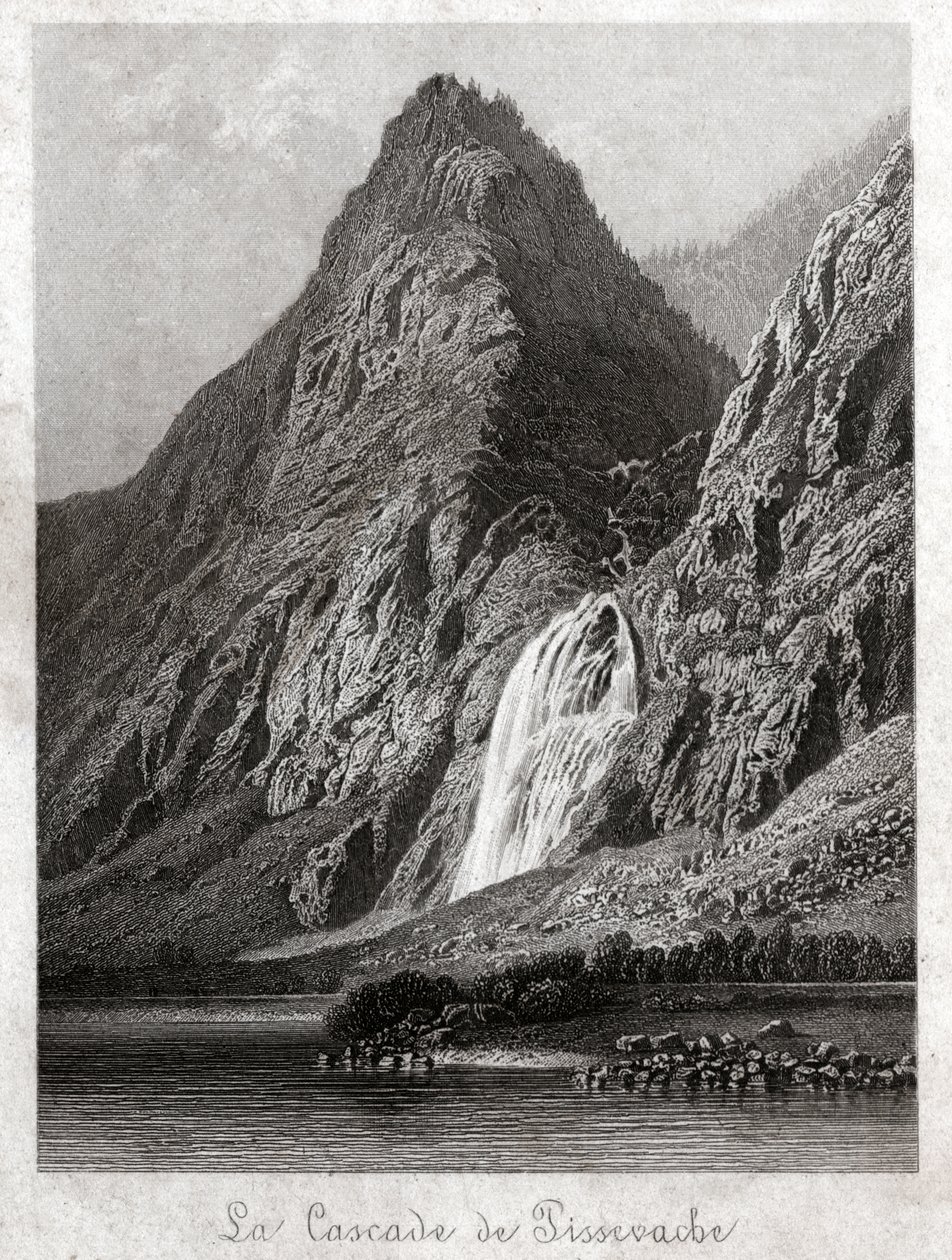 Pissevache vízesés. (metszet, 1830 körül) alkotó: German School