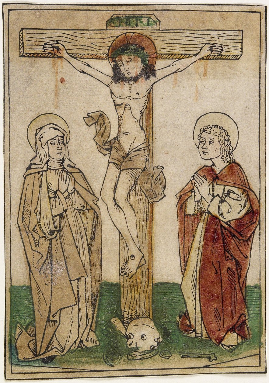 Krisztus a kereszten Máriával és Szent Jánossal, 1470-80 körül (kézzel színezett fametszet pergamenre) alkotó: German School