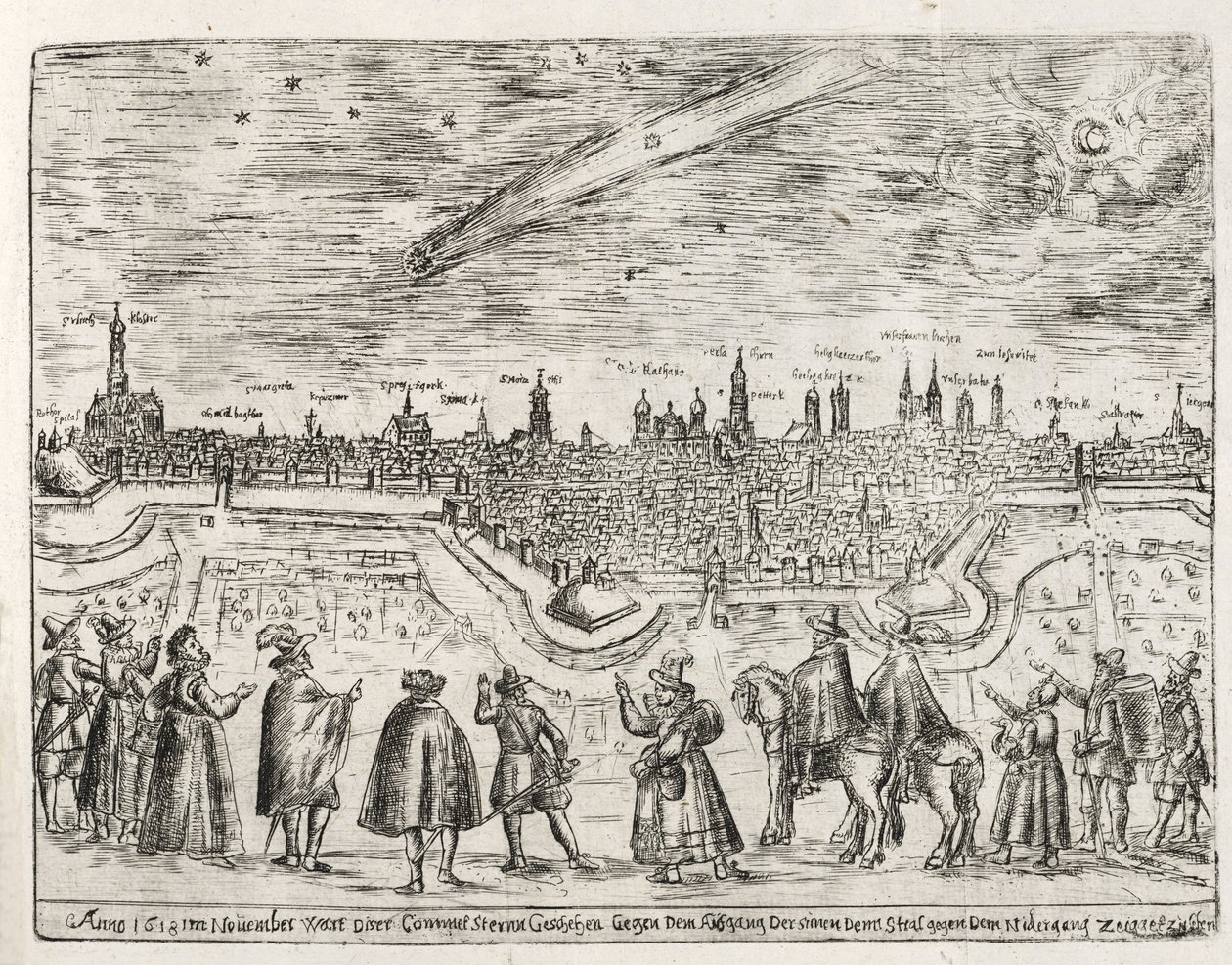 Üstökös látható Augsburg felett 1618. november végén, a Cometen Historia kocsmából. 1618 alkotó: German School