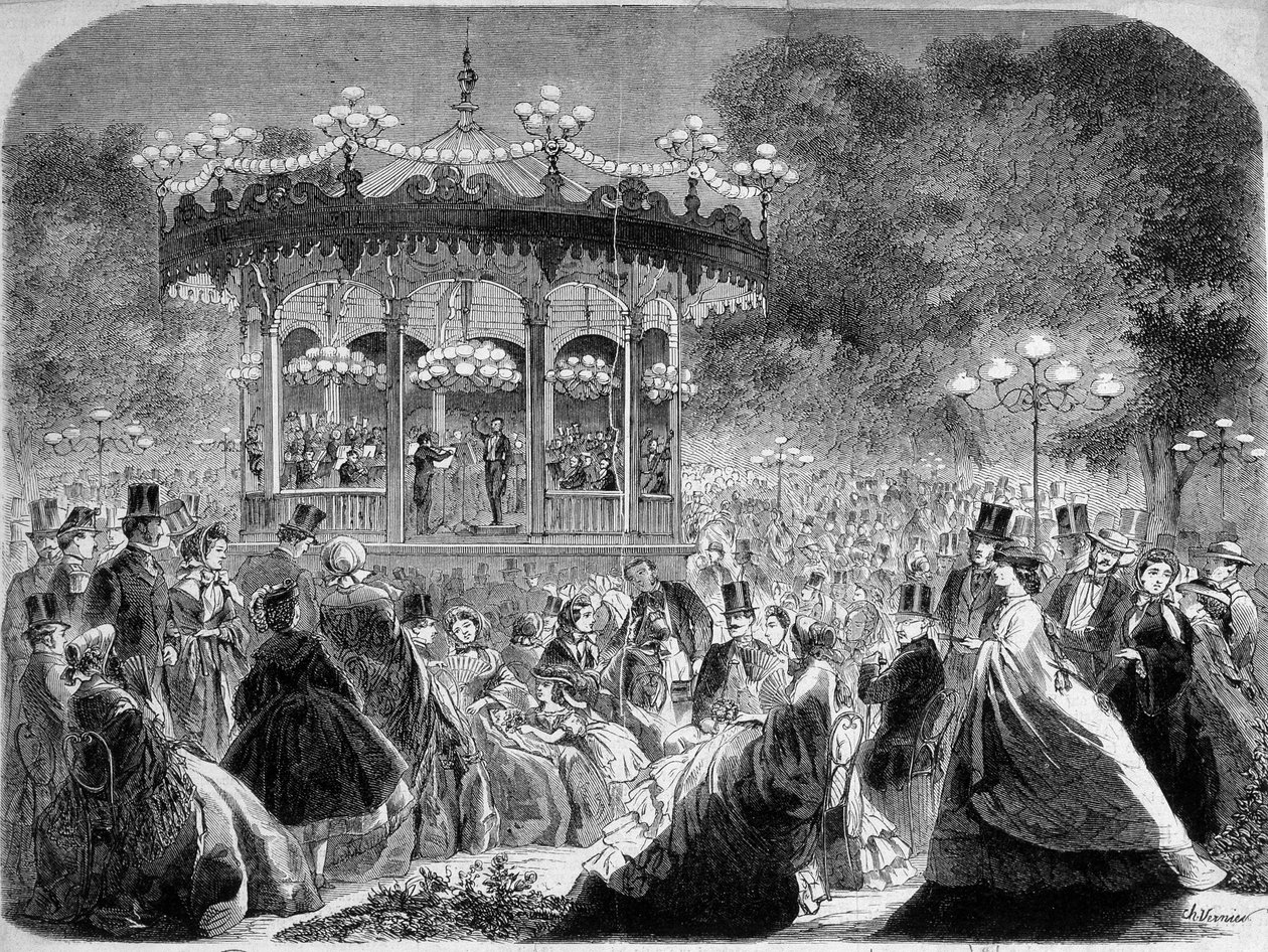 Koncert a Champs-Elysées zenei kioszkban, német metszet v. 1861. alkotó: German School