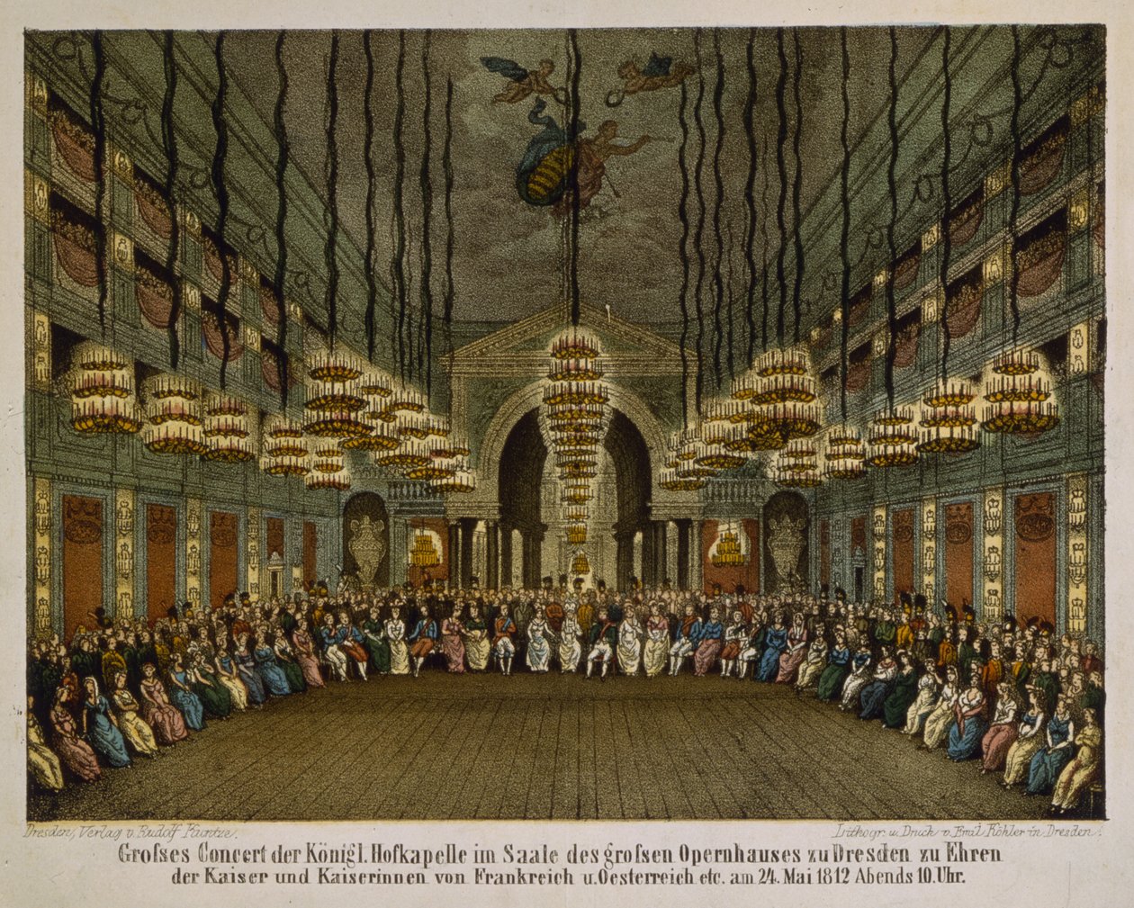 A királyi zenekar koncertje a drezdai Operaház aulájában a császári pár tiszteletére, 1812 (színes litó) alkotó: German School