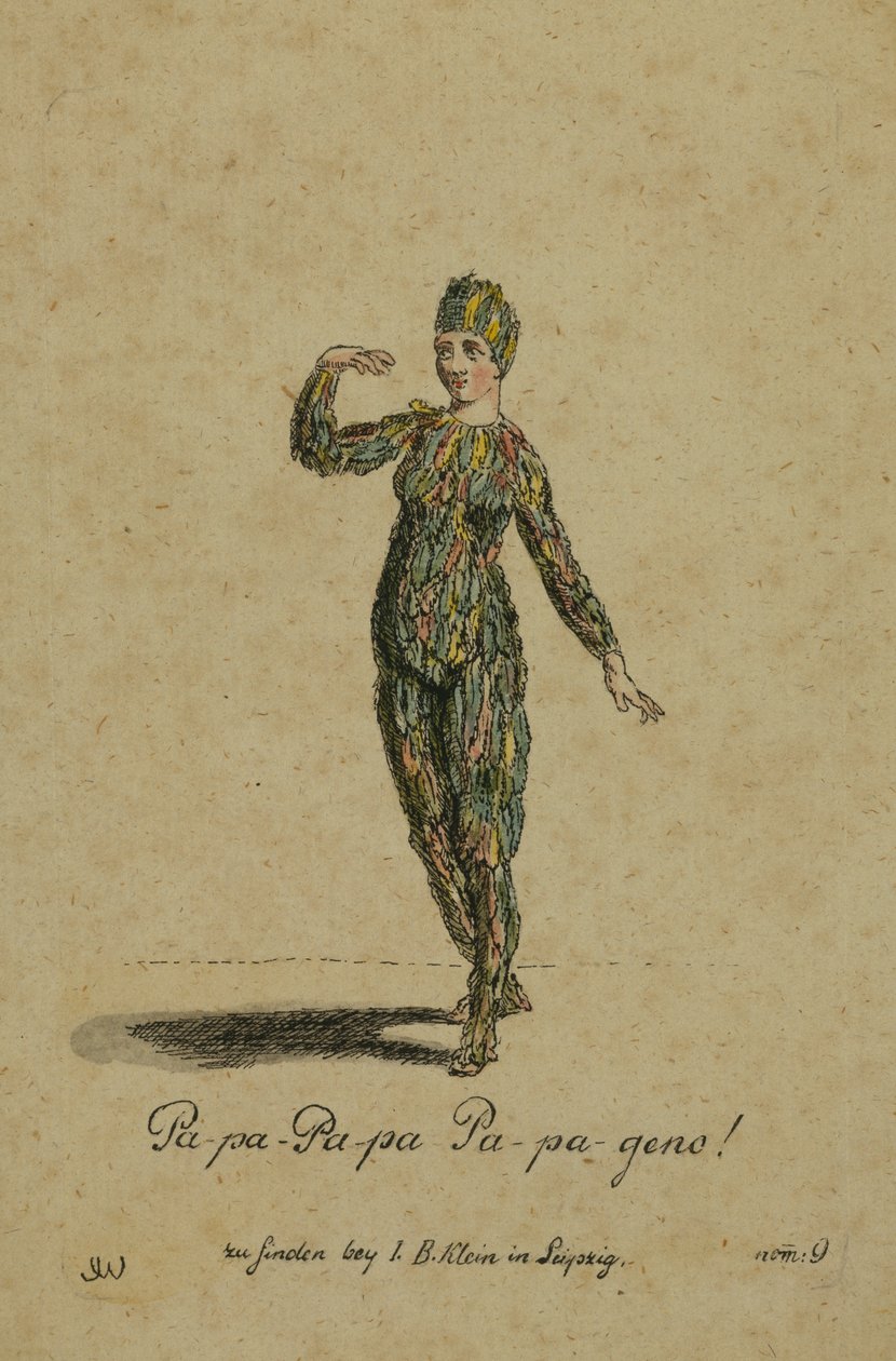 Jelmezterv Papageno szerepére Wolfgang Amadeus Mozart Varázsfuvola című operájában, Lipcsében, I. B. Klein kiadásában, 1793 (színes metszet) alkotó: German School
