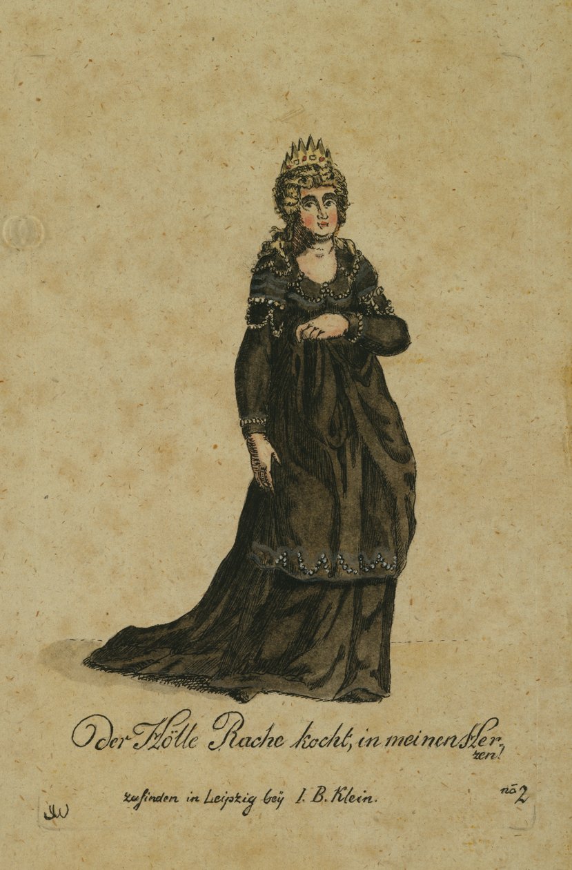 Jelmezterv az Éj Királynője szerepére Wolfgang Amadeus Mozart Varázsfuvola című operájában, Lipcsében, I. B. Klein kiadásában, 1793 (színes metszet) alkotó: German School