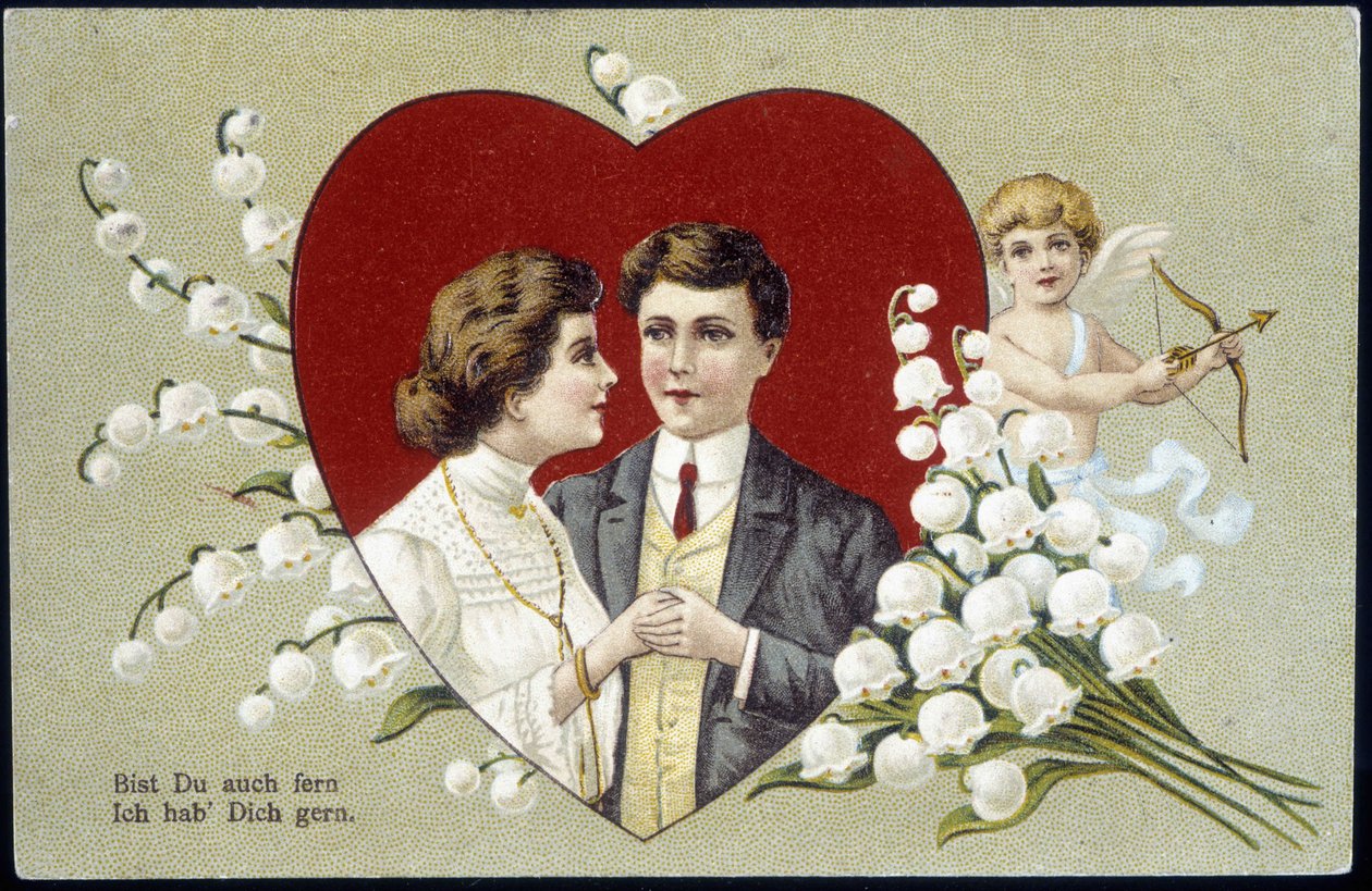Szerelmespár gyöngyvirággal és Ámorral körülvett szívben (Eros) - német képeslap, XX. alkotó: German School