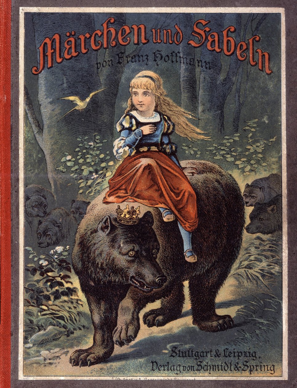 Franz Hoffmann „” Mesék és mesék: Von Prinzessin sternr¿schenw” című meséinek borítója: Egy lány a medvén. századi kromolitográfiája. alkotó: German School