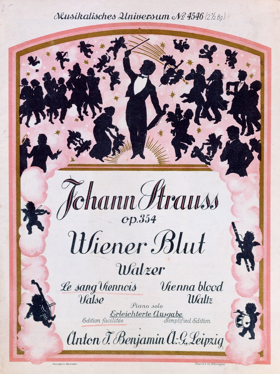 Johann Strauss II, (1825-99), 1930, a híres Wiener Blut op.354 című valcer partitúrájának borítója alkotó: German School