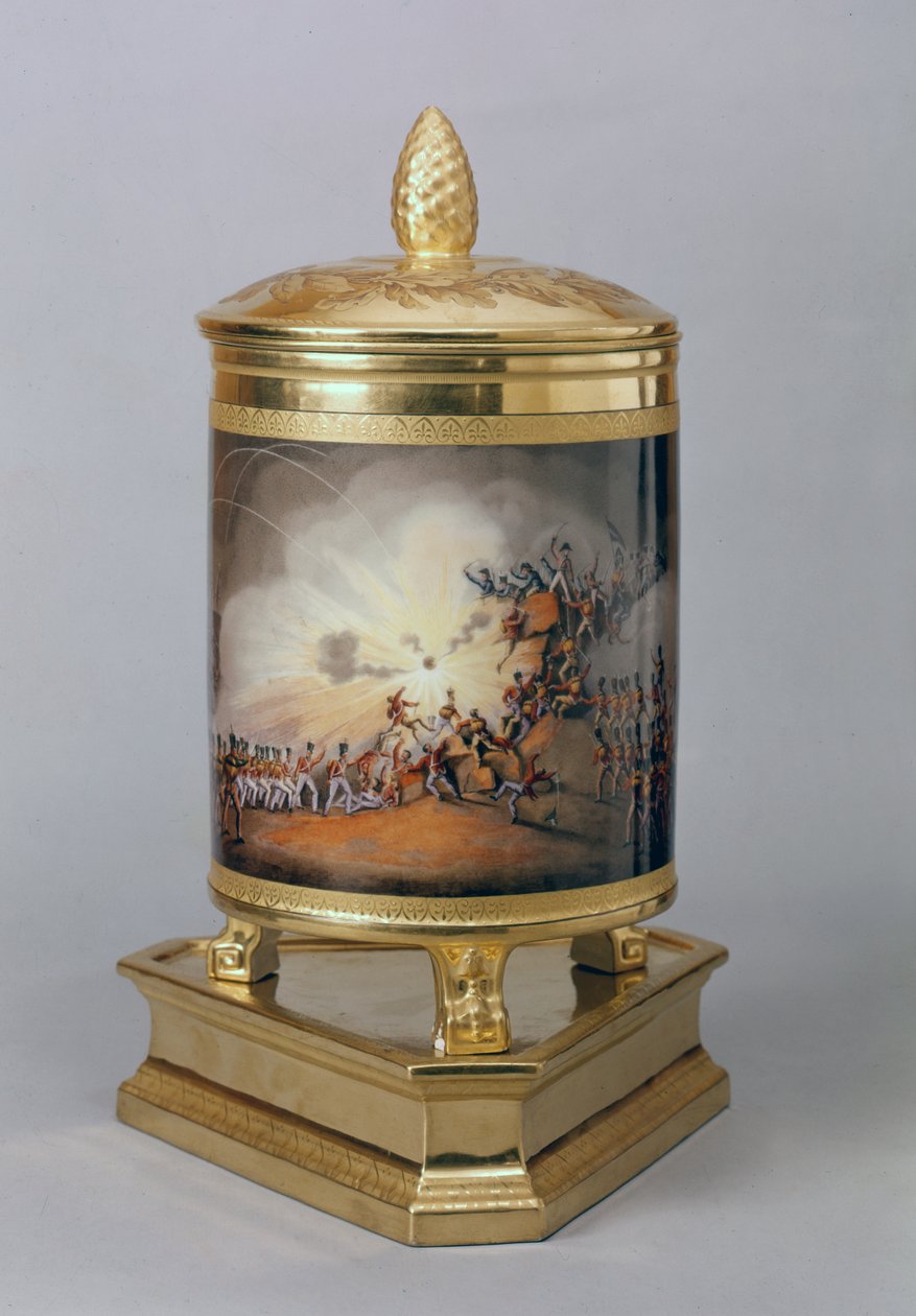 Ciudad Rodrigo viharát ábrázoló fedeles edény, a porosz vacsoraszolgálattól, Berlin, 1816-19 (porcelán és aranyozott) alkotó: German School