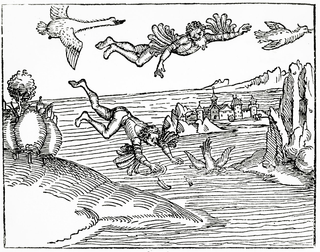 Daidalosz, aki fiával, Ikarosszal együtt menekül Krétáról, látja őt a halálba zuhanni, 1493 (fametszet) alkotó: German School