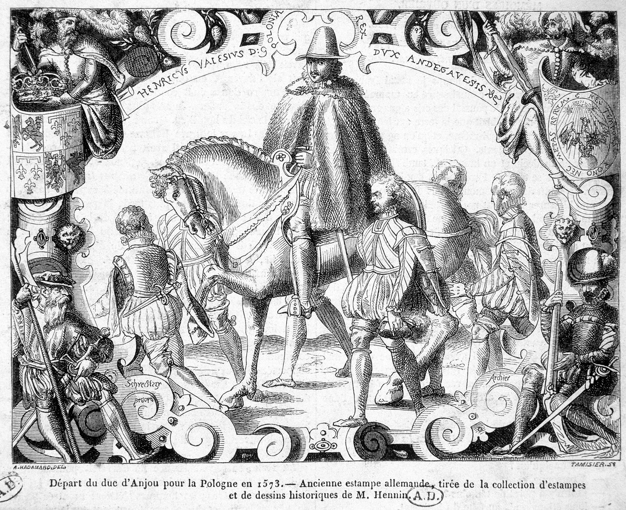 Anjou hercegének indulása Lengyelországba 1573-ban (Lengyelország királyává választották, birtokba veszi a koronáját) - Ősi német nyomtatvány Hennin úr nyomatainak és történelmi rajzainak gyűjteményéből. alkotó: German School