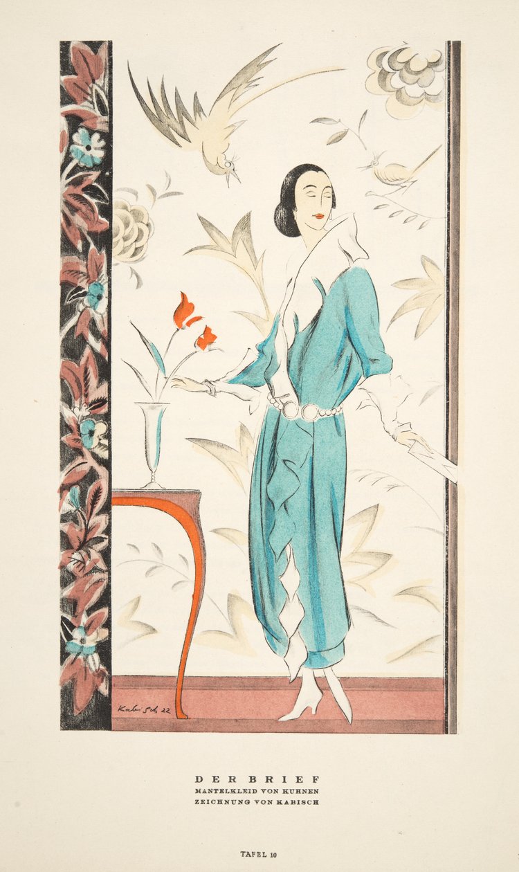 Der Brief, Kurnen kabátruha, Styl, pub. 1922 (pochoir print) alkotó: German School