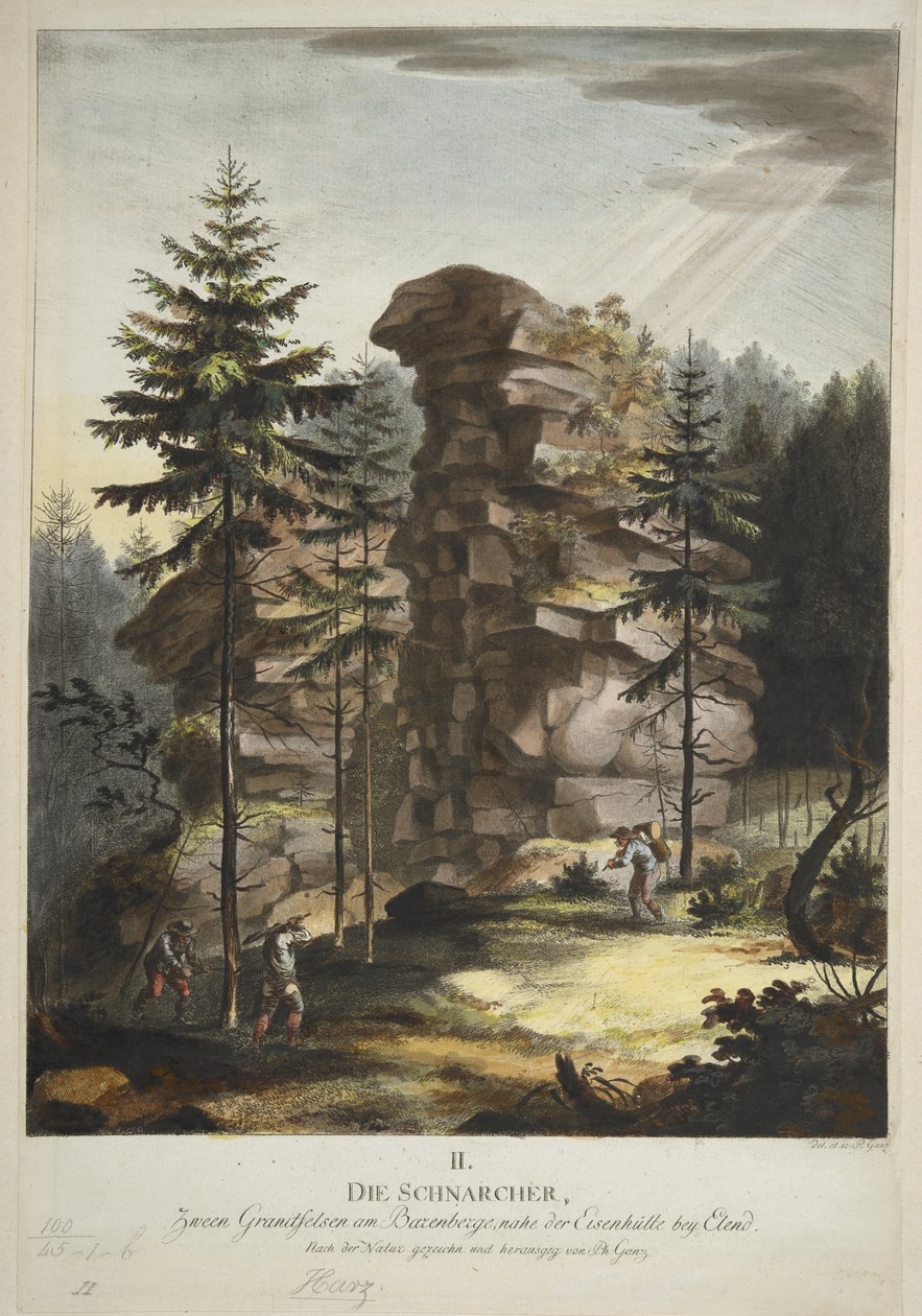 Philipp Ganz „Der Hübichenstein”, „Négy nézet a Harz-erdőben”, 1770-90 körül (kézzel színezett rézkarc) alkotó: German School