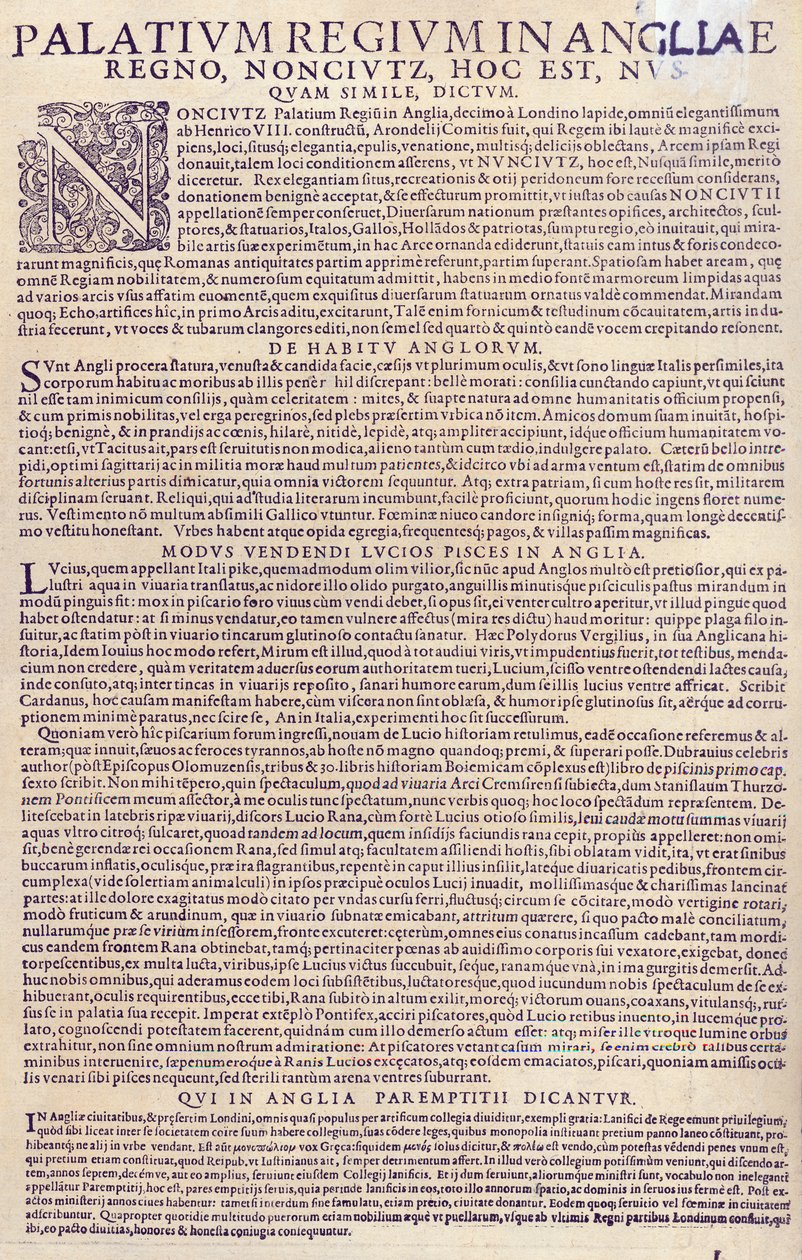 A Nonesuch palota leírása, angolok, megjelenésük és szokásaik, az angliai halárusítás módja és a tanoncképzés rendszerének leírása, 1598 (nyomtatott papír) (lásd még 3 alkotó: German School