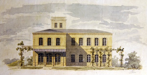 Tervezés egy olasz stílusú klasszikus villához, 1850 körül (akvarell tollal és tintával papíron) alkotó: German School