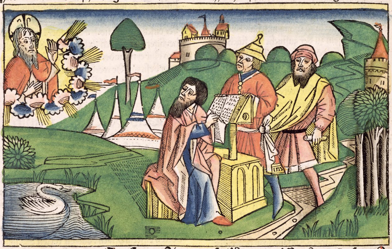Deuteronómia: Elülső kép, amelyben Isten alkotja a törvényeket, a Nürnbergi Bibliából (Biblia Sacra Germanaica) (színes fametszet) alkotó: German School