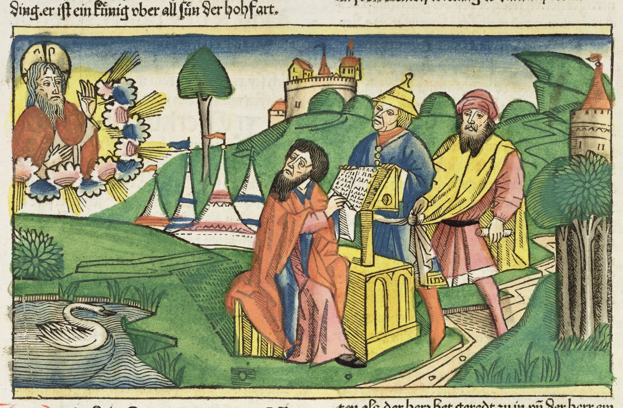 Deuteronómia: Elülső kép, amelyben Isten alkotja a törvényeket, a Nürnbergi Bibliából (Biblia Sacra Germanaica) (színes fametszet) alkotó: German School