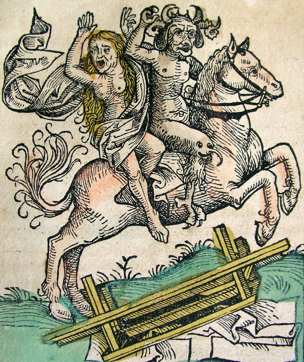Ördög és egy lóháton ülő nő, megjelent a Nürnbergi Krónikában, 1493 alkotó: German School