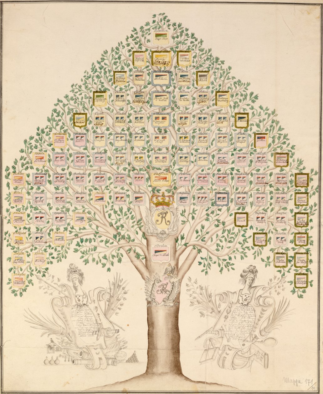 A Porosz Királyi Hadsereget alkotó ezredek 97 állomásának diagramja, 1756 (toll, tinta és WC papíron) alkotó: German School