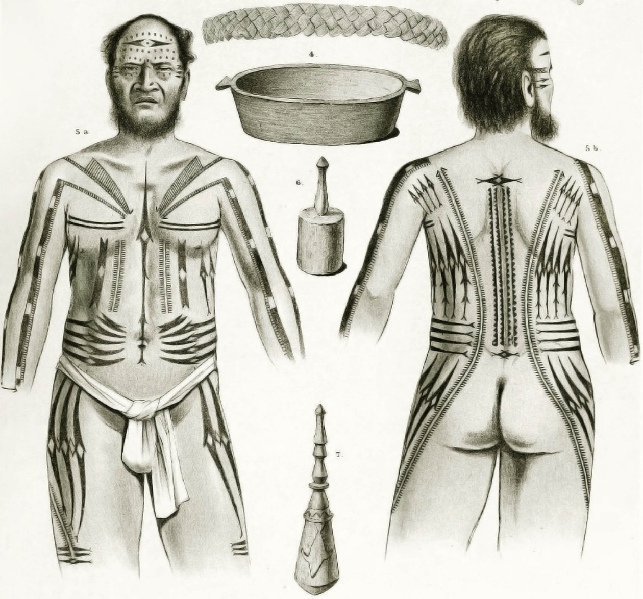 Diagram, amely különféle polinéz tárgyakat és tetoválási mintákat mutat, 1888 alkotó: German School