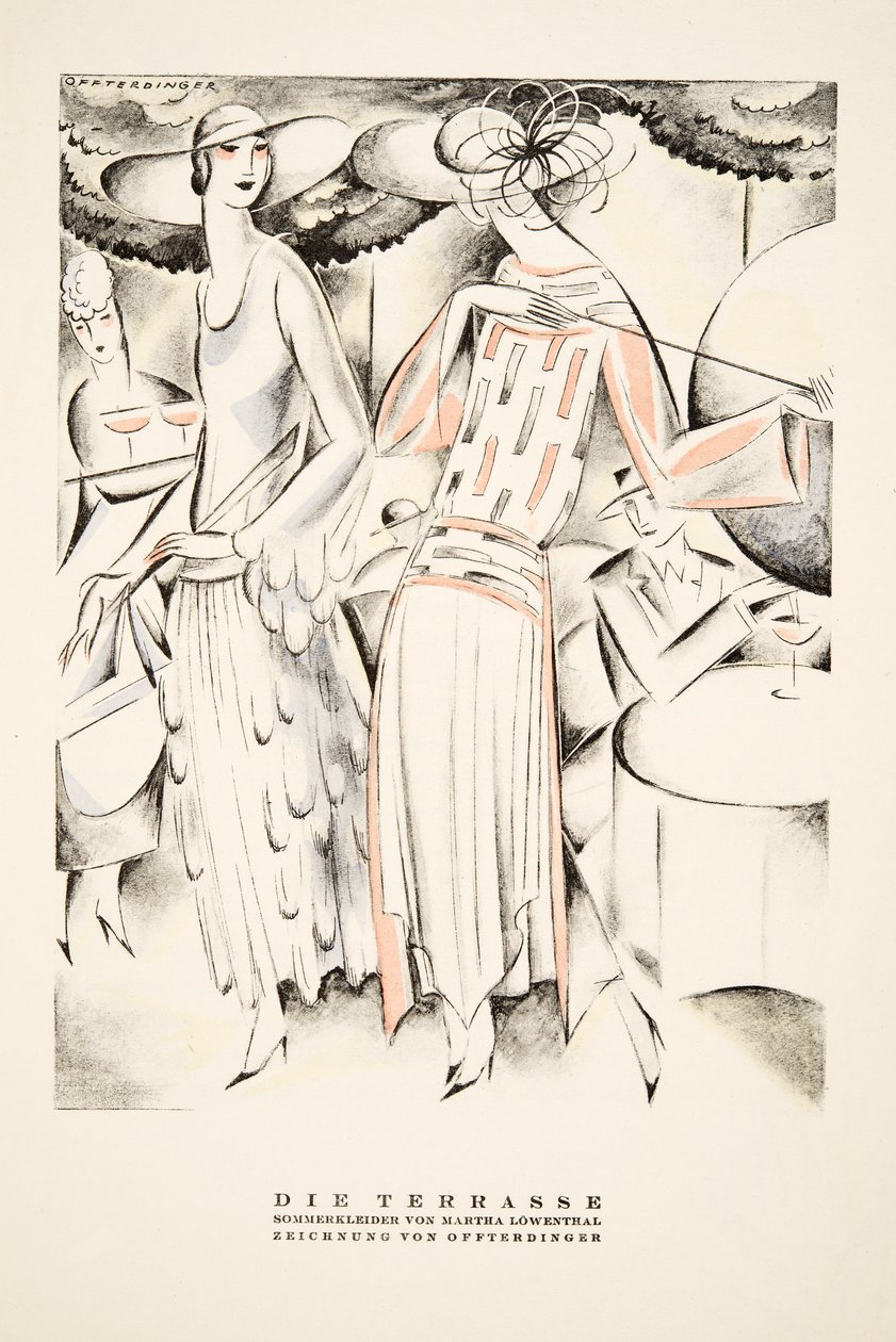 "Die Terrasse" Nyári ruhák hirdetése Martha Lowenthal tollából, Styl, 1922-es kiadás (pochoir print) alkotó: German School