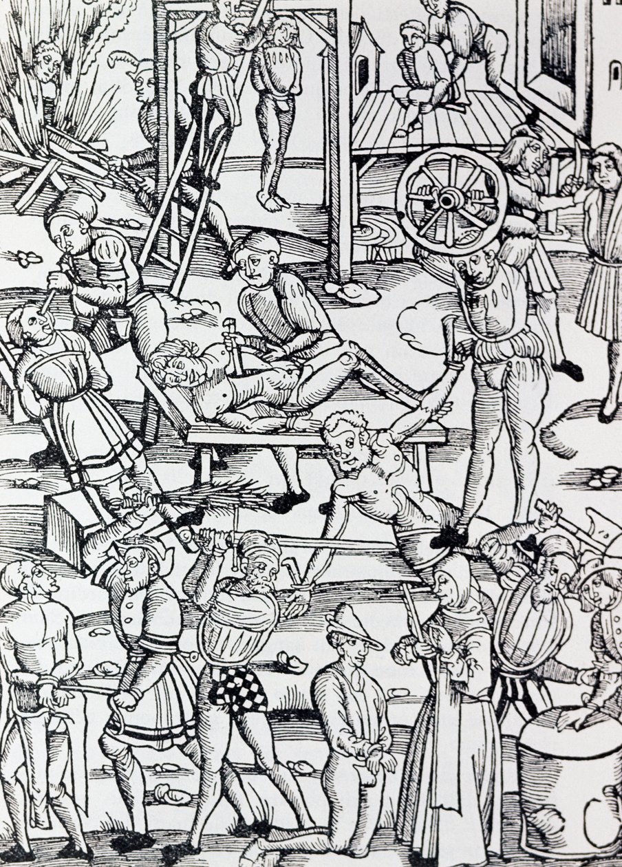 Különböző büntetésformák, amelyeket Németországban 1500-ban alkalmaztak különféle bűncselekményekért, Metszet, Németország alkotó: German School