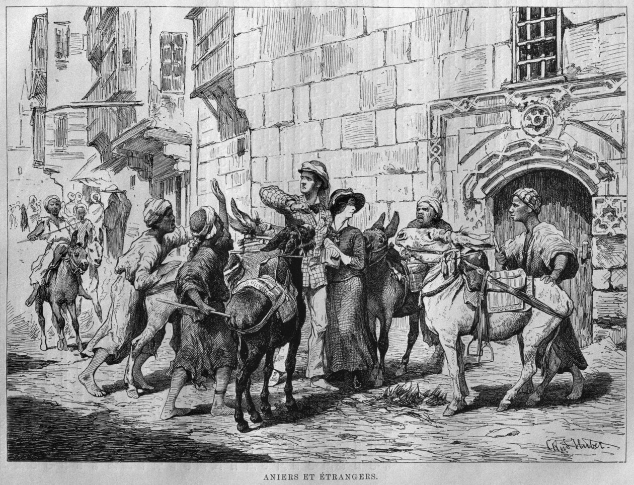 Szamárhajtók és turisták, Georg Moritz Ebers (1837-98) Egyiptomból, 1881 (bw-metszet) alkotó: German School