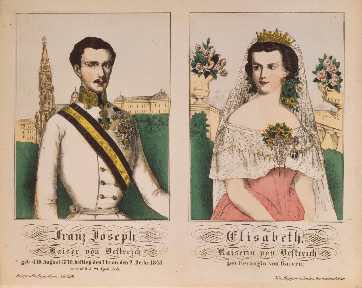 I. Ferenc József osztrák császár és Erzsébet császárné kettős portréja a Neuruppiner Bilderbogenből, 1854 alkotó: German School
