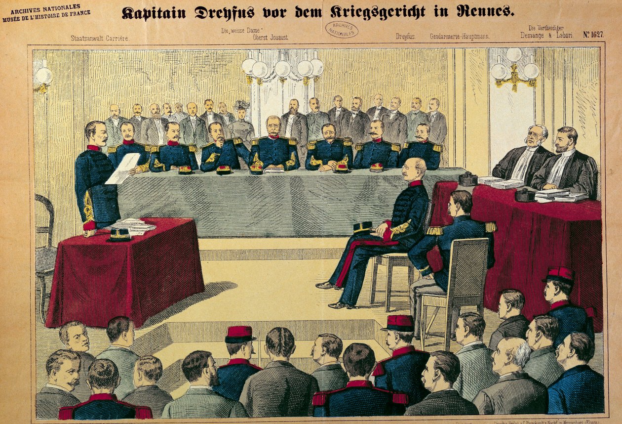 Dreyfus-ügy: Dreyfus kapitány (1859-1923) revíziós tárgyalása Illusztráció a német sajtóból alkotó: German School
