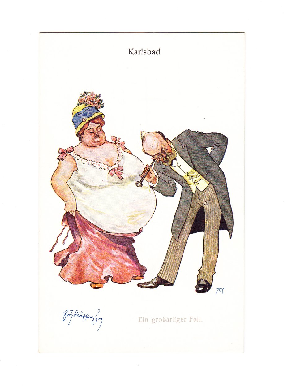 Edward-korabeli humoros képeslap egy orvos fülhallgatójával egy nagyon kövér nő hasához, 1910 körül (színes litó) alkotó: German School