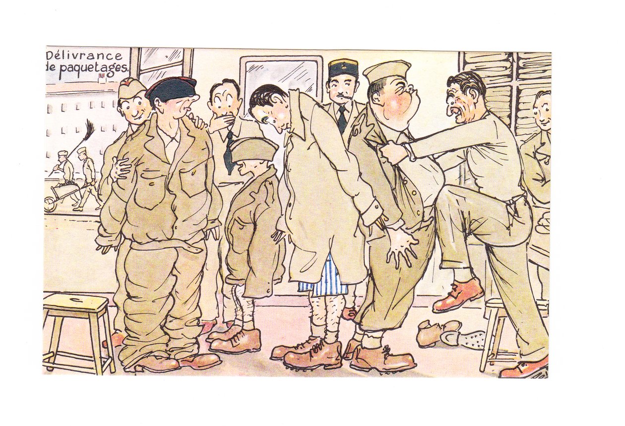 Egy katonai állomáson megvizsgált újoncok Edward-korabeli, humoros képeslapja, 1910 körül (színes litó) alkotó: German School