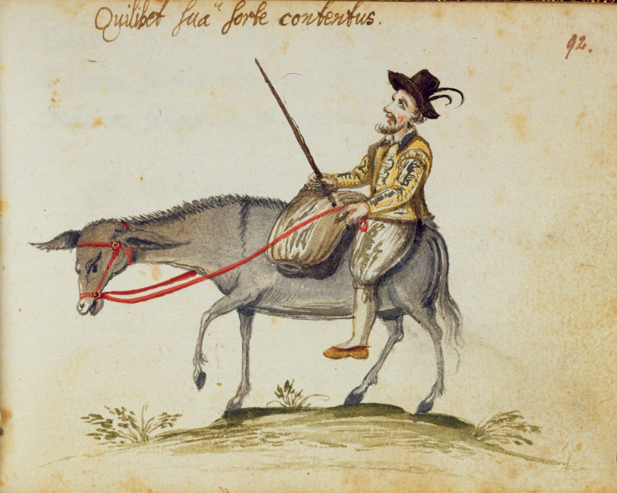 Egerton 1269 f.92 Öszvéren lovagló ember, az Amicorum albumból, Moyses Walens, Köln alkotó: German School