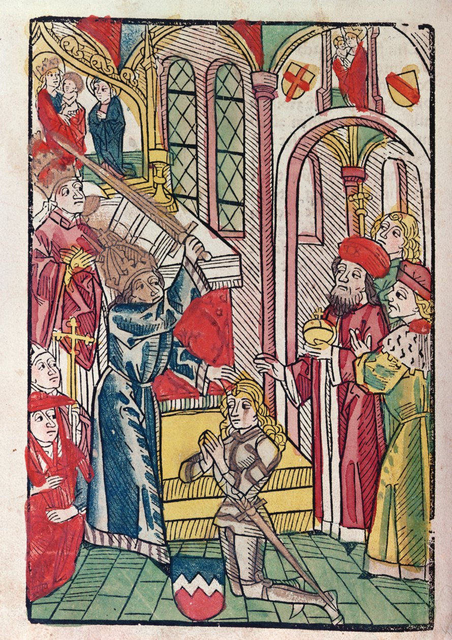 Luxemburgi Zsigmond császár (1367-1437) lovagnak titulálva (színes fametszet) alkotó: German School