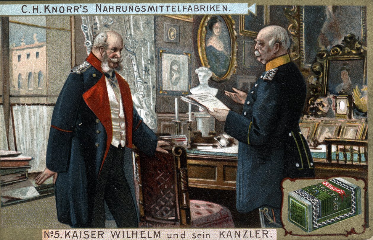 I. Vilmos német és porosz császár (1797-1888) és Otto von Bismarck kancellár (1815-1898) politikai kérdésekről beszélget. Kromolitográfia, 19. század vége. alkotó: German School